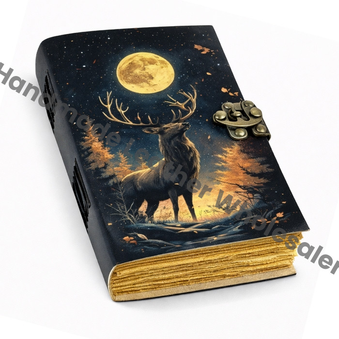 Deer Print Leather Journal: Handmade Book of Shadows, Grimoire with Deckle Edge Paper
