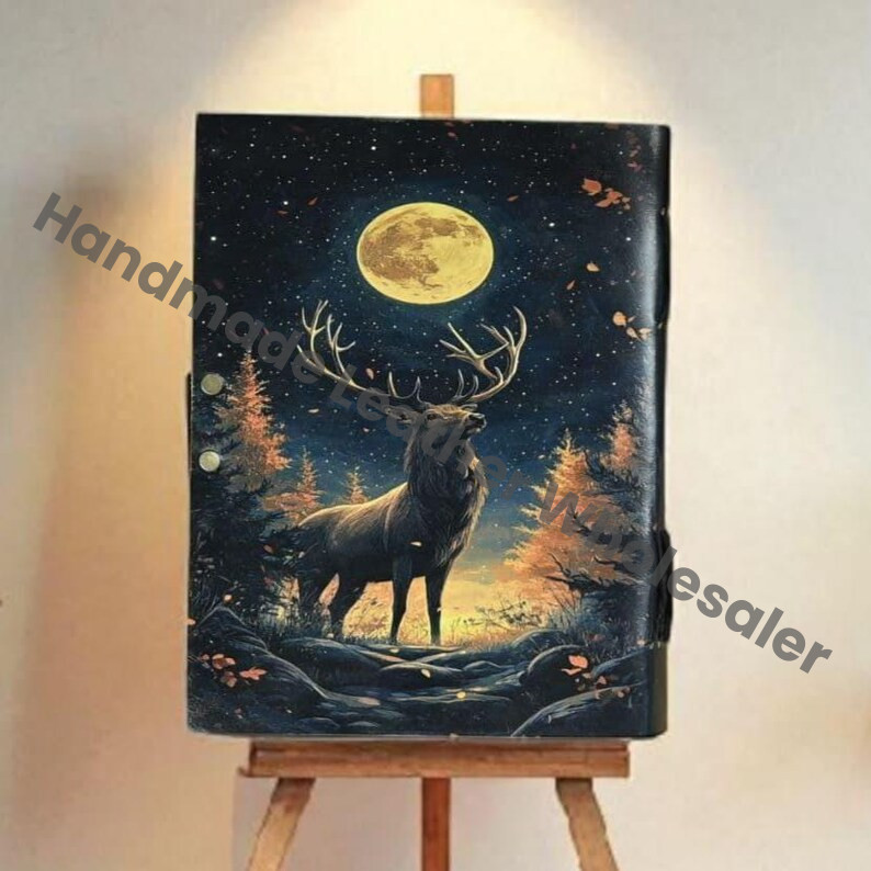 Deer Print Leather Journal: Handmade Book of Shadows, Grimoire with Deckle Edge Paper