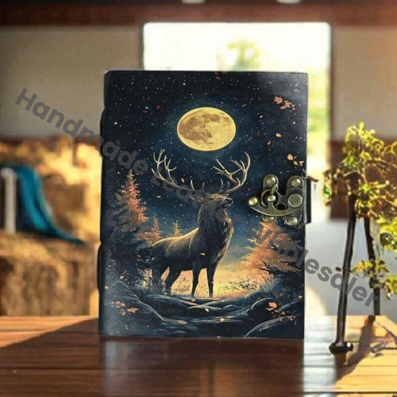 Deer Print Leather Journal: Handmade Book of Shadows, Grimoire with Deckle Edge Paper