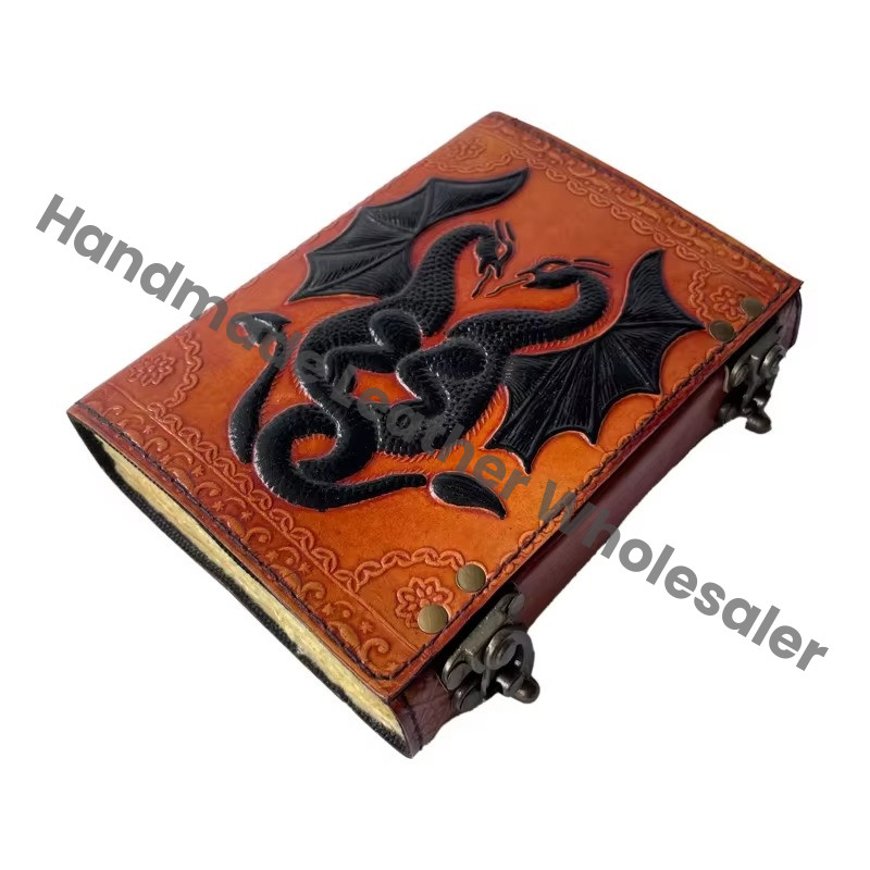 DND Celtic Wiccan Address Book Writing Vintage Leather Book Eco-friendly Paper Black Orange Dragon Handmade Deckle Art Gift
