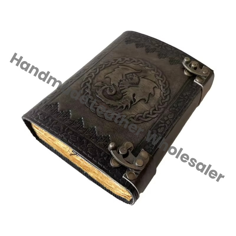 DND Leather Journal Dragon Antique Embossed Charcoal Book of Shadows Prop Handmade Paper Personal Organizer Gift for Him her