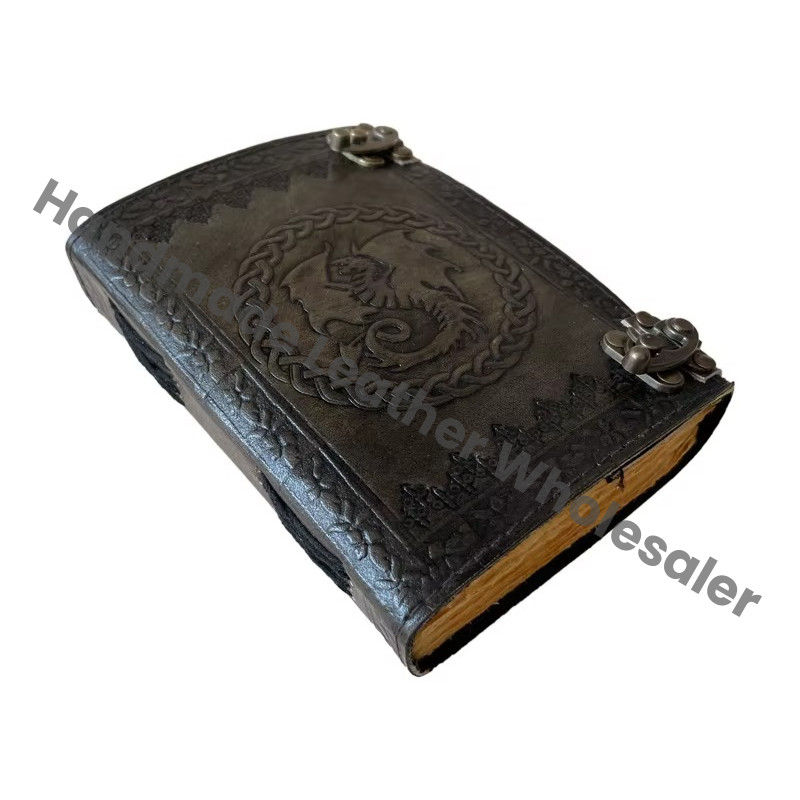 DND Leather Journal Dragon Antique Embossed Charcoal Book of Shadows Prop Handmade Paper Personal Organizer Gift for Him her