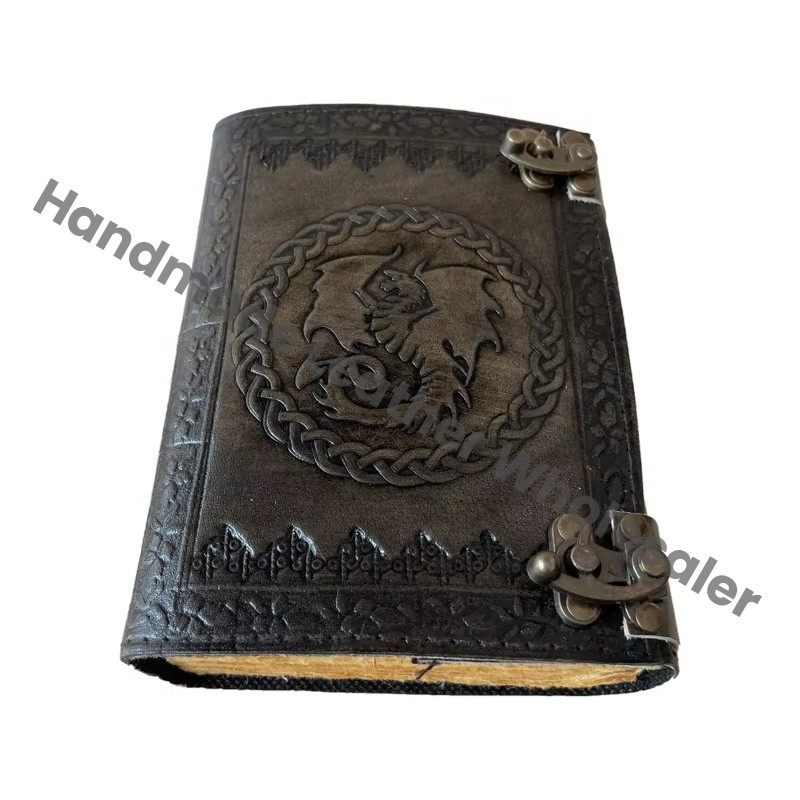 DND Leather Journal Dragon Antique Embossed Charcoal Book of Shadows Prop Handmade Paper Personal Organizer Gift for Him her