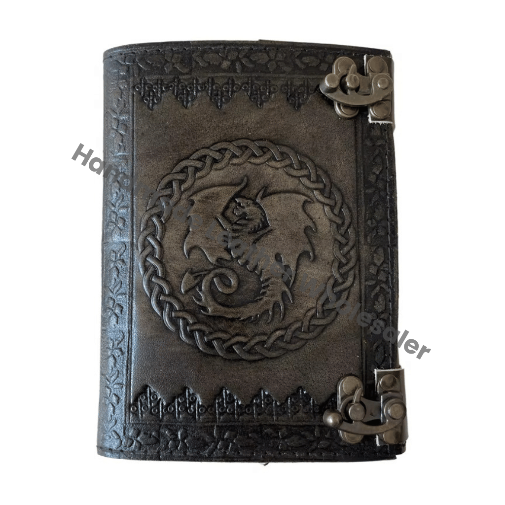 DND Leather Journal Dragon Antique Embossed Charcoal Book of Shadows Prop Handmade Paper Personal Organizer Gift for Him her