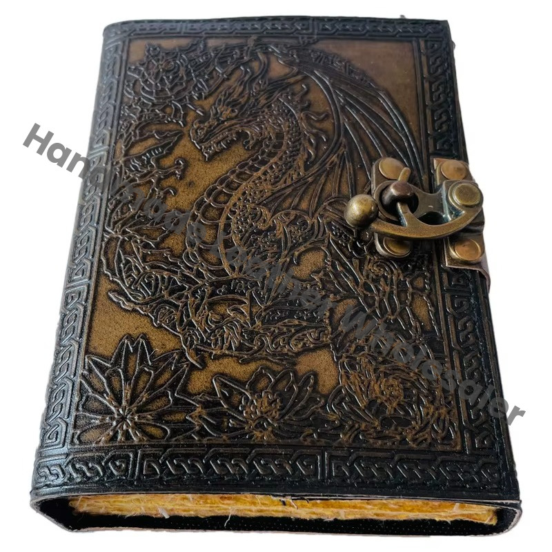 Dragon Celtic Wiccan Journals for Writing Vintage Leather Book of Spells Prop Charcoal Handmade Embossed Deckle Art Paper