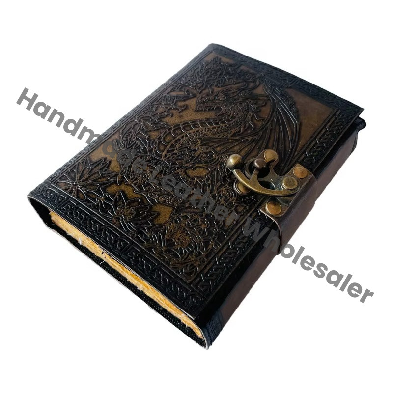 Dragon Celtic Wiccan Journals for Writing Vintage Leather Book of Spells Prop Charcoal Handmade Embossed Deckle Art Paper