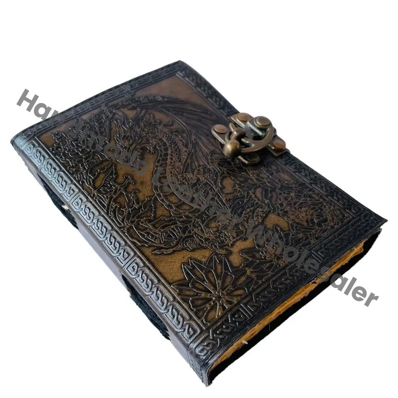 Dragon Celtic Wiccan Journals for Writing Vintage Leather Book of Spells Prop Charcoal Handmade Embossed Deckle Art Paper