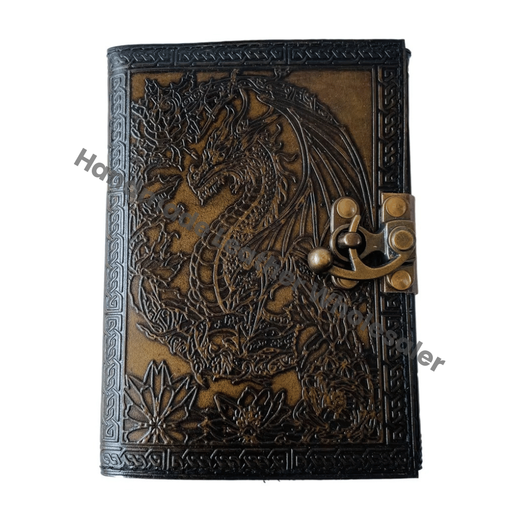 Dragon Celtic Wiccan Journals for Writing Vintage Leather Book of Spells Prop Charcoal Handmade Embossed Deckle Art Paper