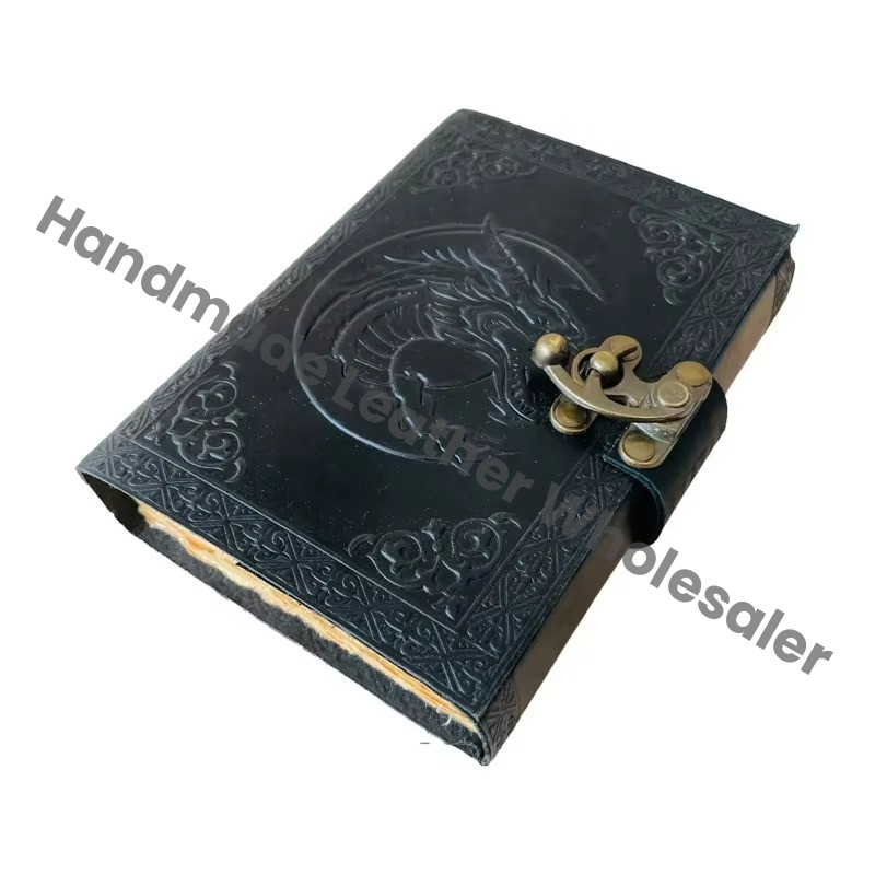 Dragon DND Vintage Leather Book of Spells Celtic Wiccan Journals for Writing Black Handmade Deckle Art Paper Planner Diary
