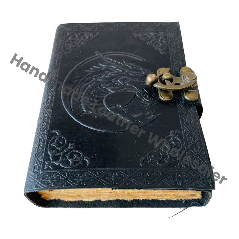 Dragon DND Vintage Leather Book of Spells Celtic Wiccan Journals for Writing Black Handmade Deckle Art Paper Planner Diary