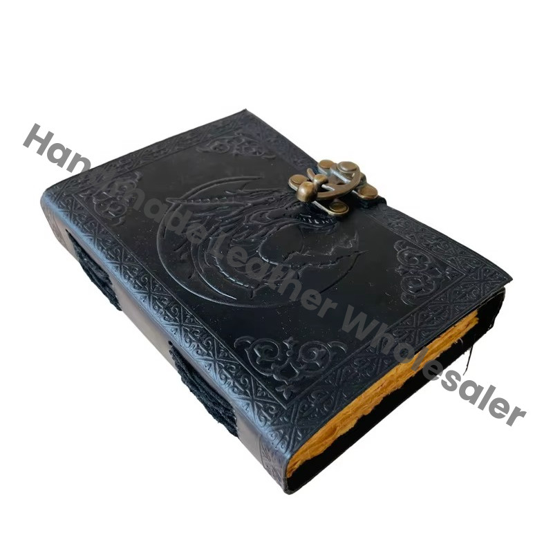 Dragon DND Vintage Leather Book of Spells Celtic Wiccan Journals for Writing Black Handmade Deckle Art Paper Planner Diary