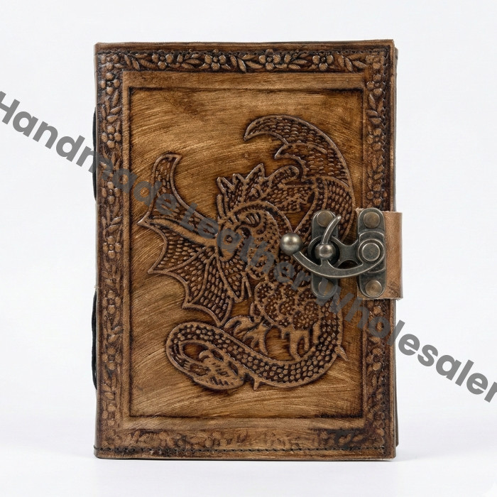 Dragon Embossed Leather Journal - Antique Grimoire, Pagan Gift Handmade white paper