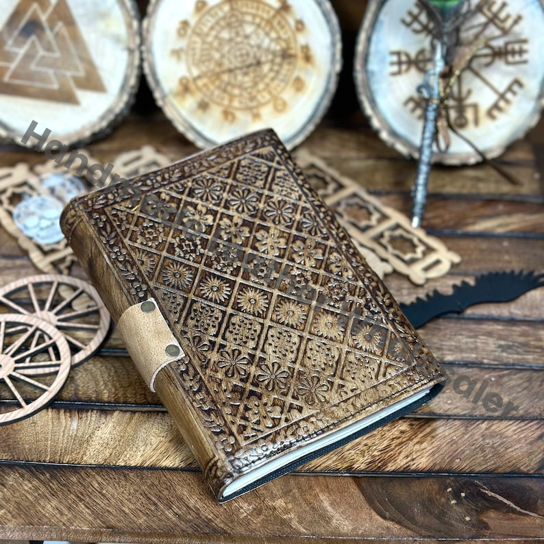 Dragon Embossed Leather Journal - Antique Grimoire, Pagan Gift Handmade white paper