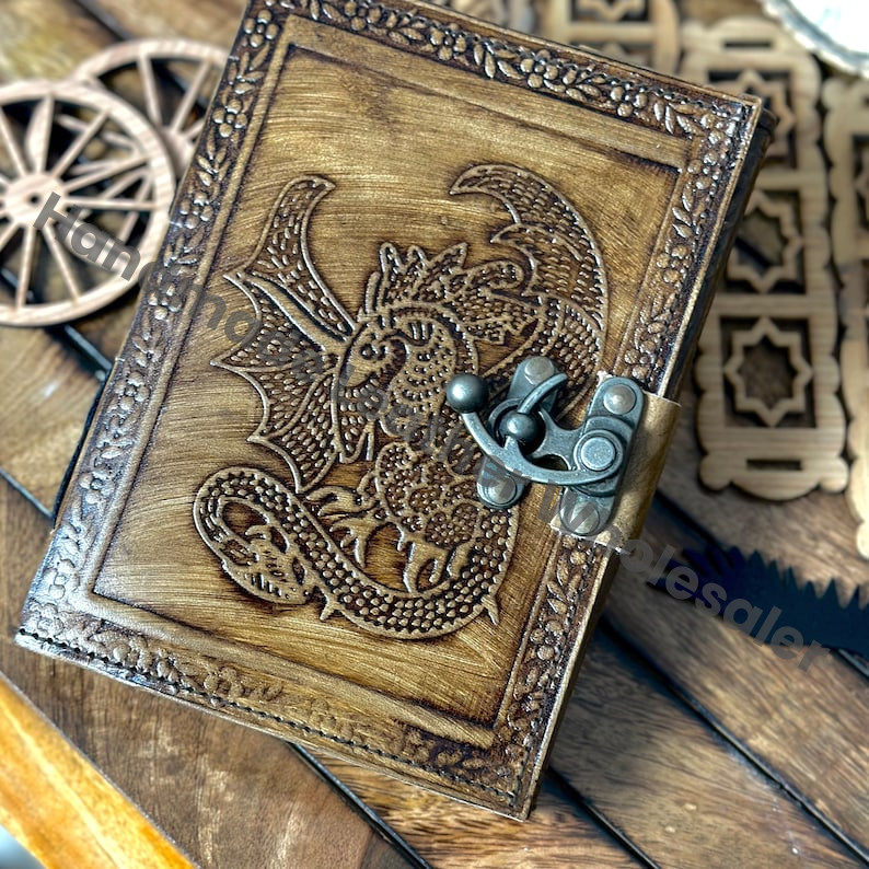 Dragon Embossed Leather Journal - Antique Grimoire, Pagan Gift Handmade white paper