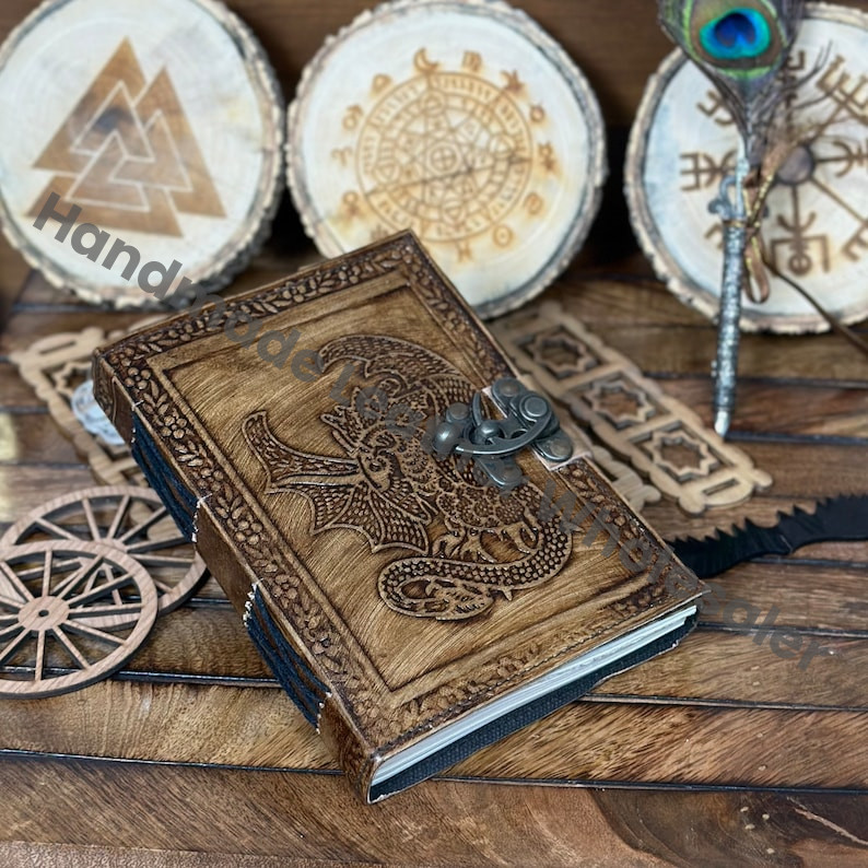 Dragon Embossed Leather Journal - Antique Grimoire, Pagan Gift Handmade white paper