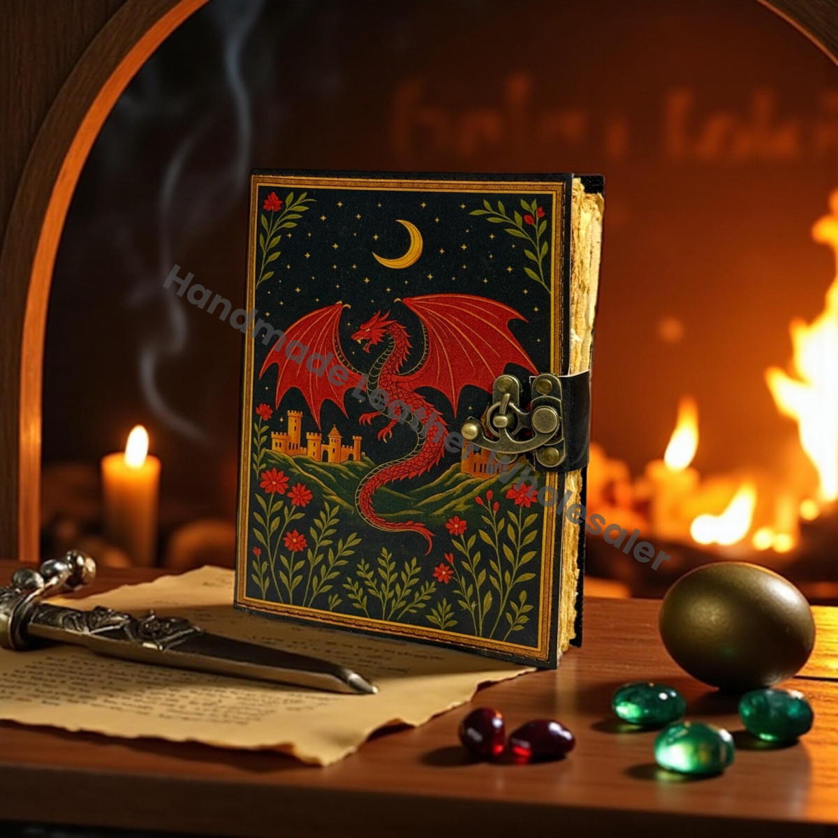 Dragon Grimoire Leather Journal – Handmade Deckle-Edge Book of Shadows with Key, Witchcraft Spellbook, Wiccan Pagan Gothic Gift