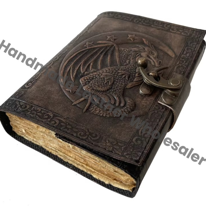 Dragon Moon Vintage Lock Handmade Leather Hardcover Journal with Eco-friendly Paper Custom Logo Gift Option-Travel Drawing Diary