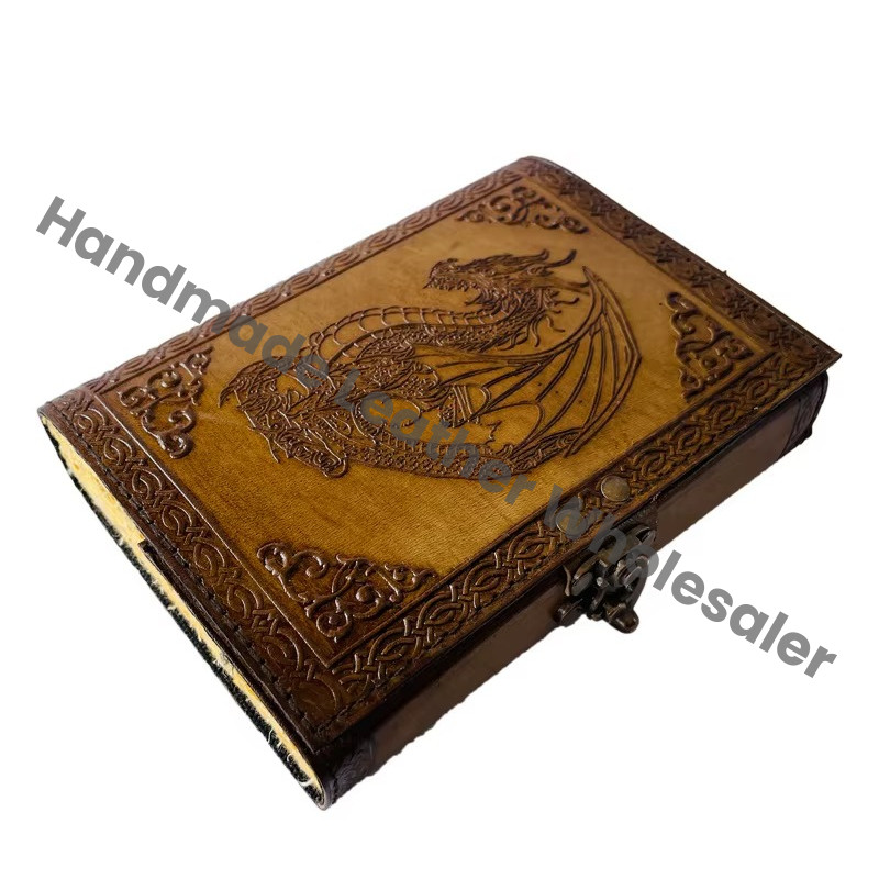 Dragon Vintage Leather Book of Spells Celtic Wiccan Journals for Writing Prop Charcoal Handmade Embossed Deckle Art Paper Diary