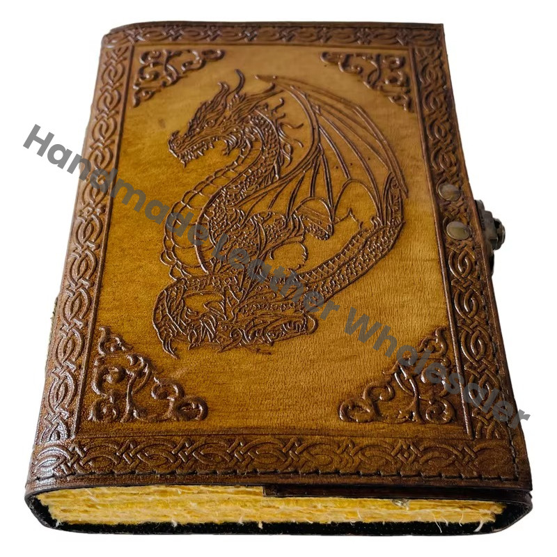 Dragon Vintage Leather Book of Spells Celtic Wiccan Journals for Writing Prop Charcoal Handmade Embossed Deckle Art Paper Diary