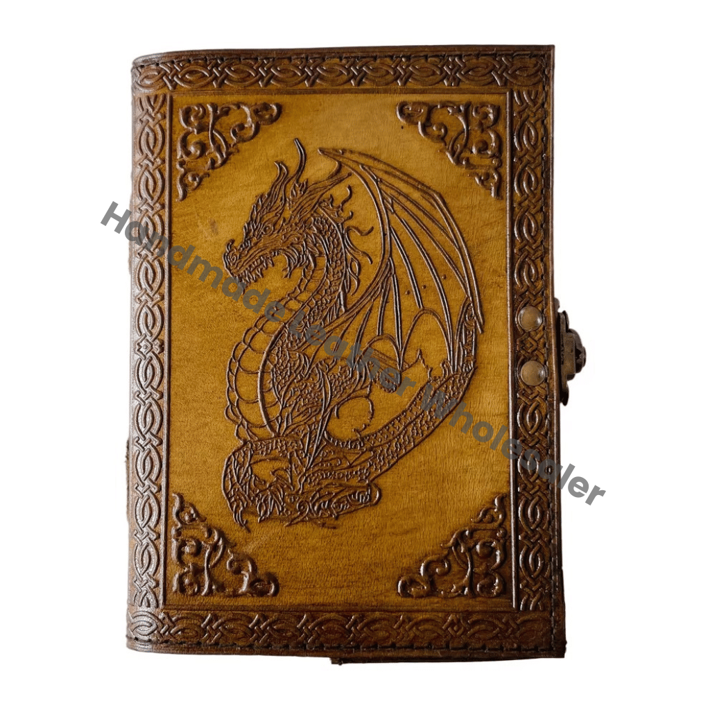 Dragon Vintage Leather Book of Spells Celtic Wiccan Journals for Writing Prop Charcoal Handmade Embossed Deckle Art Paper Diary