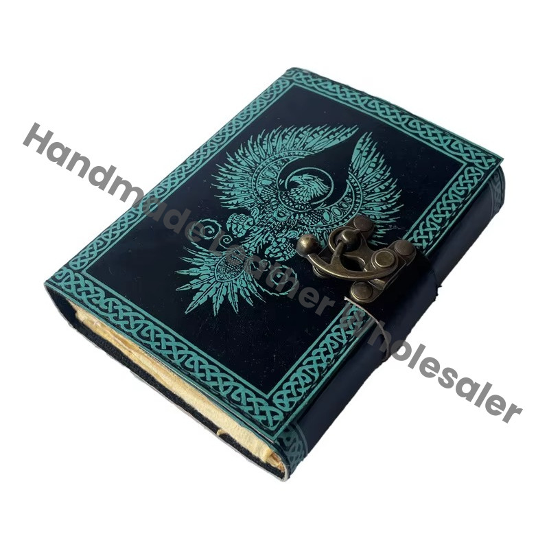Eagle Leather Journal Antique Deckle Edge Paper Book of Shadows Charmed Handmade Blue Embossed Vintage Sketchbook Planner