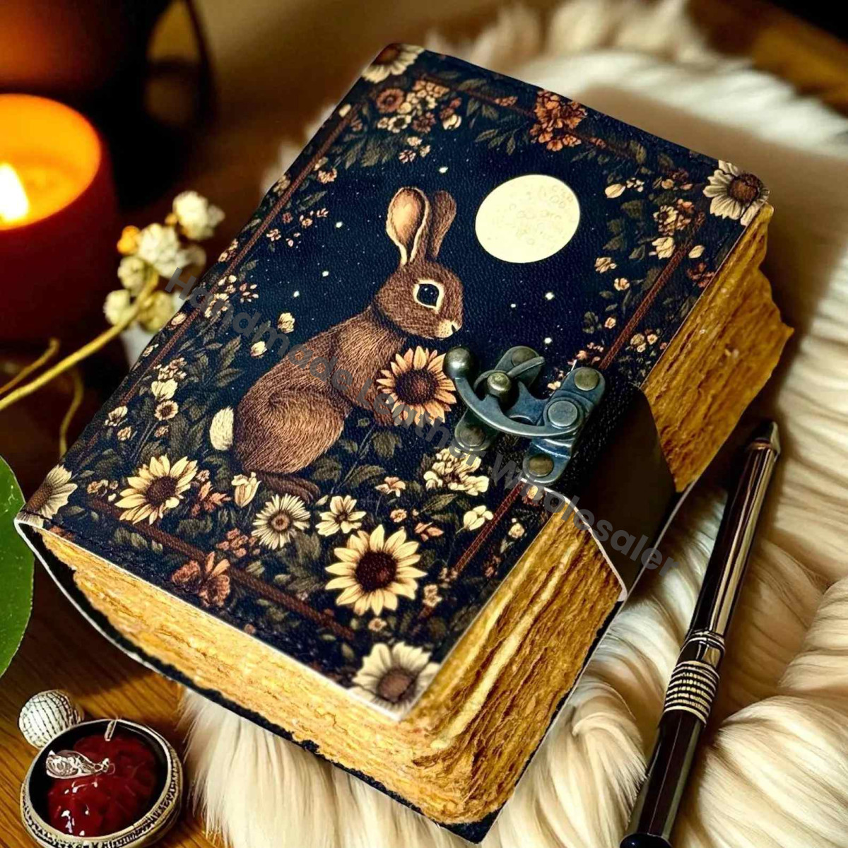Easter Bunny Leather Grimoire, Handmade Book of Shadows, Wiccan Pagan Spellbook, Witchcraft Magic Journal, Occult Writing Diary, Witchy Gift
