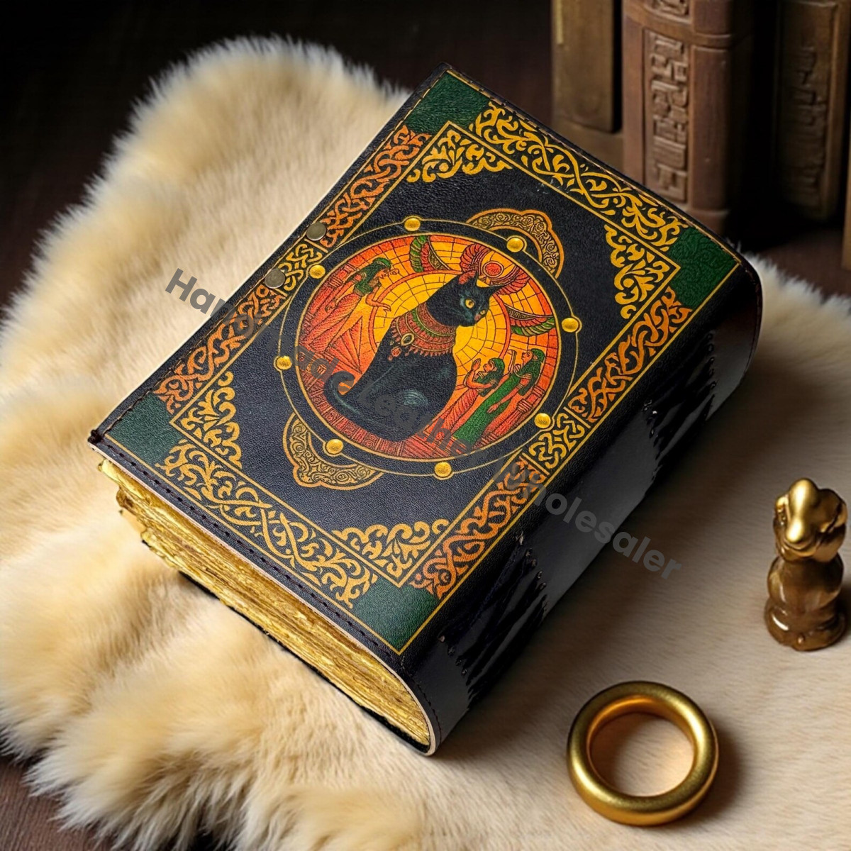 Egyptian Cat Leather Journal with Lock, Vintage Grimoire, Wiccan Pagan Spellbook, Witchcraft Gothic Notebook