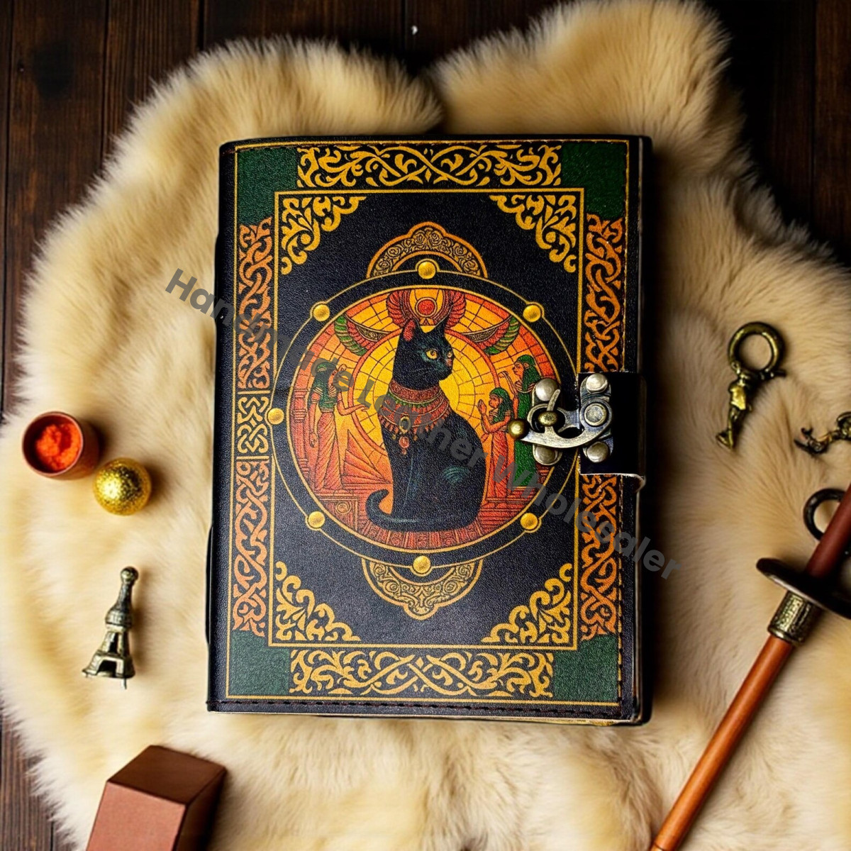 Egyptian Cat Leather Journal with Lock, Vintage Grimoire, Wiccan Pagan Spellbook, Witchcraft Gothic Notebook