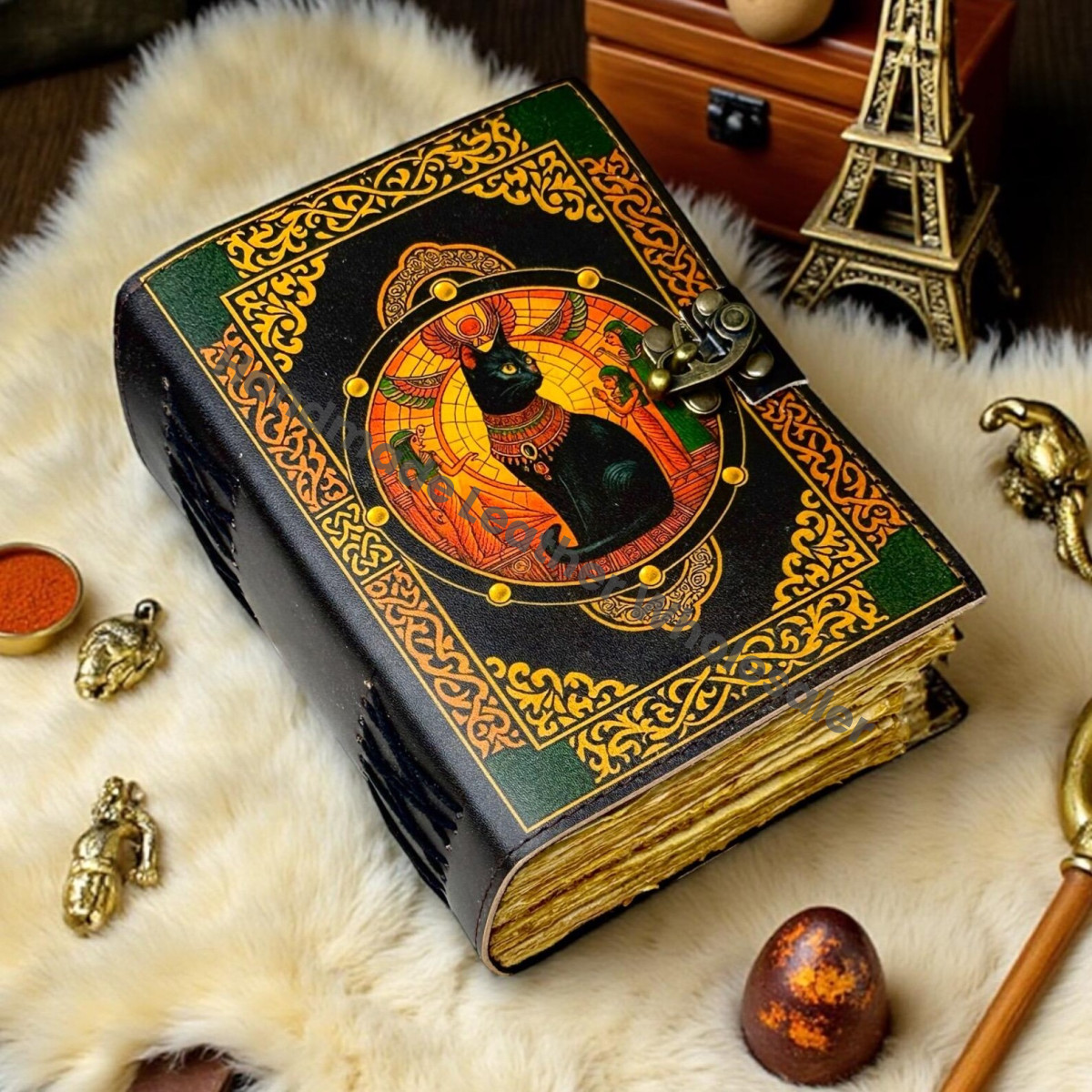 Egyptian Cat Leather Journal with Lock, Vintage Grimoire, Wiccan Pagan Spellbook, Witchcraft Gothic Notebook