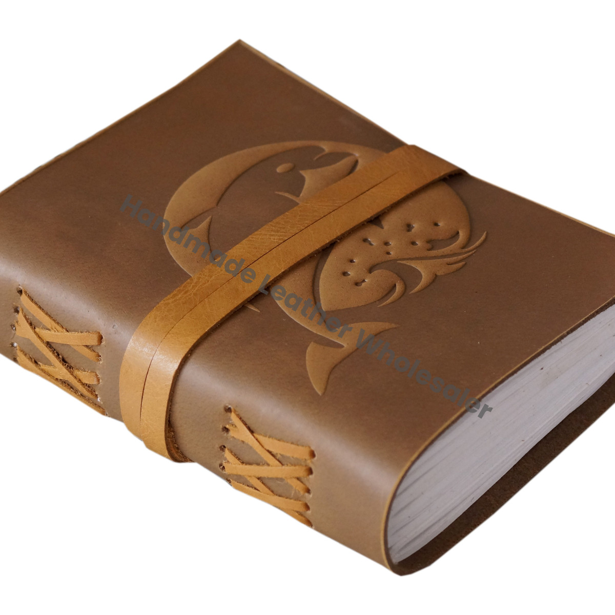Embossed Antique Design Genuine Handmade Soft Leather Spiral Bound Notebook & Spell Book with Custom Logo Dolphin Motif Gift