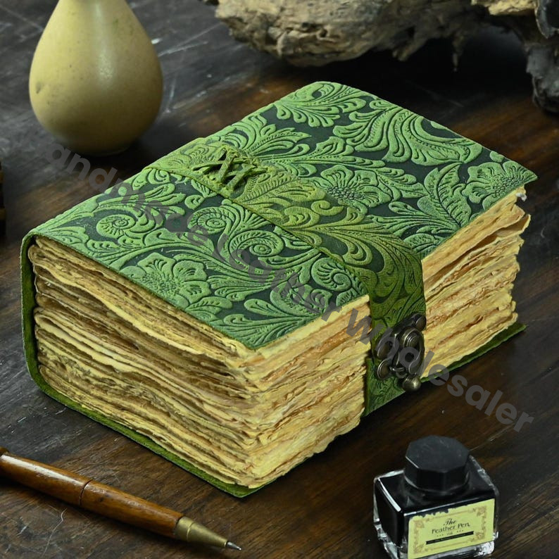 Embossed Garden Flower Leather Journal: Handmade Deckle Edge Grimoire