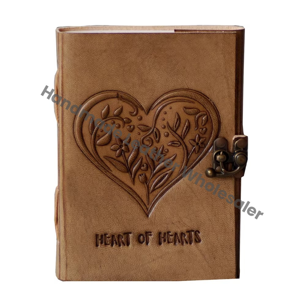 Embossed Heart Design Handmade Leather Paper Student Painting Notebook Sketchbook Journal Water Color Eco-friendly Best Gift for Her