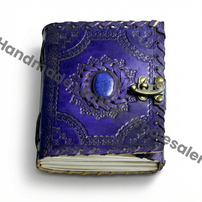 Embossed Leather Book of Shadows: Lapis Lazuli Stone Grimoire Journal