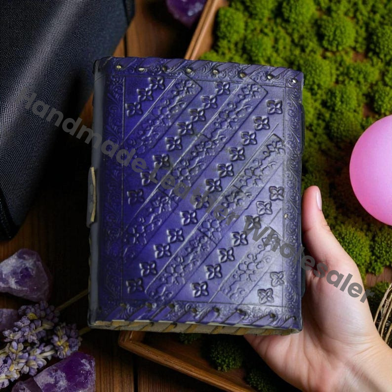 Embossed Leather Book of Shadows: Lapis Lazuli Stone Grimoire Journal
