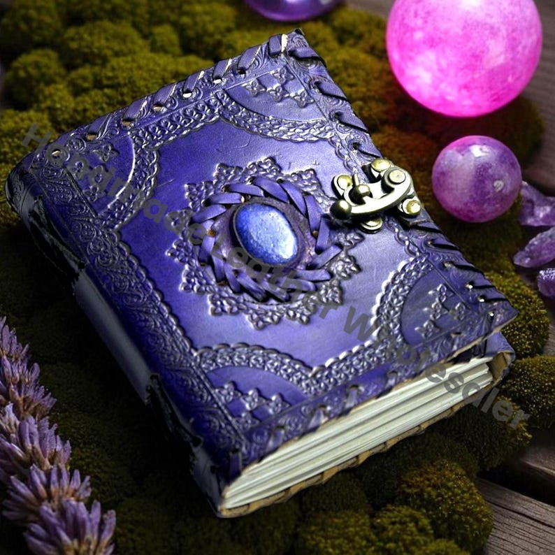 Embossed Leather Book of Shadows: Lapis Lazuli Stone Grimoire Journal