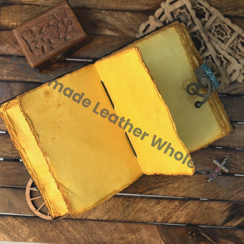 Embossed Leather Grimoire Journal: Lapis Lazuli Stone, Vintage Lock