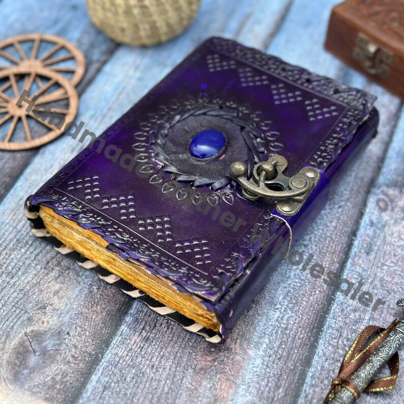 Embossed Leather Grimoire Journal: Lapis Lazuli Stone, Vintage Lock