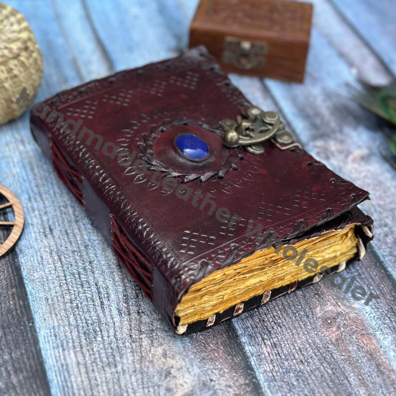 Embossed Leather Grimoire Journal: Lapis Lazuli Stone, Vintage Lock