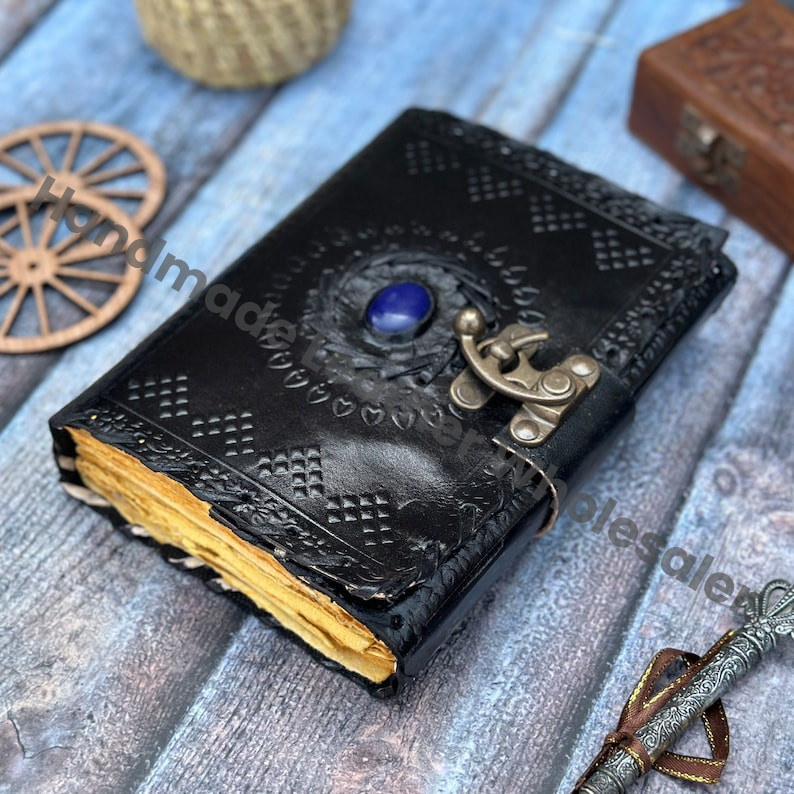 Embossed Leather Grimoire Journal: Lapis Lazuli Stone, Vintage Lock