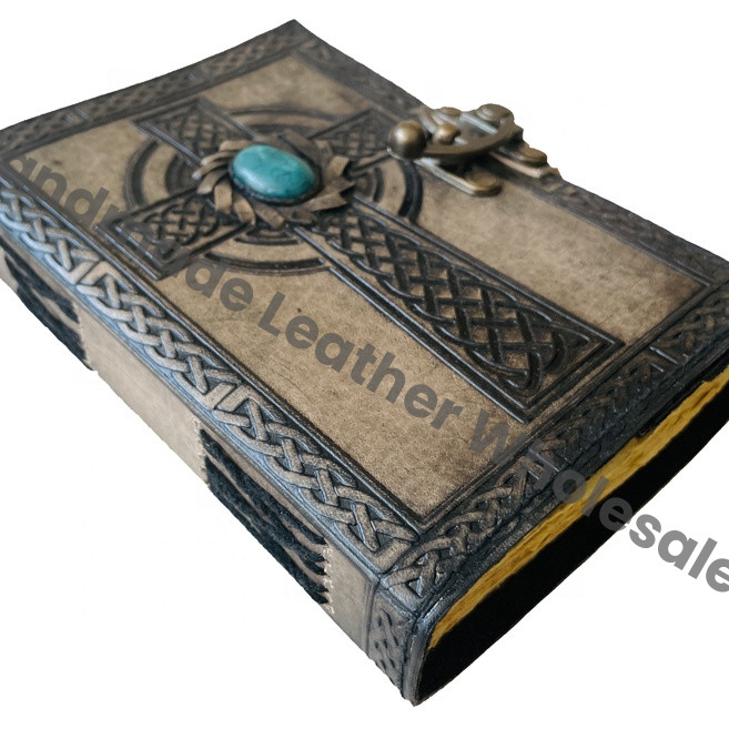 Embossed Leather Journal Antique Book of Shadows Celtic Cross Symbol Leather Notebook Non Refillable Journal With Antique Lock
