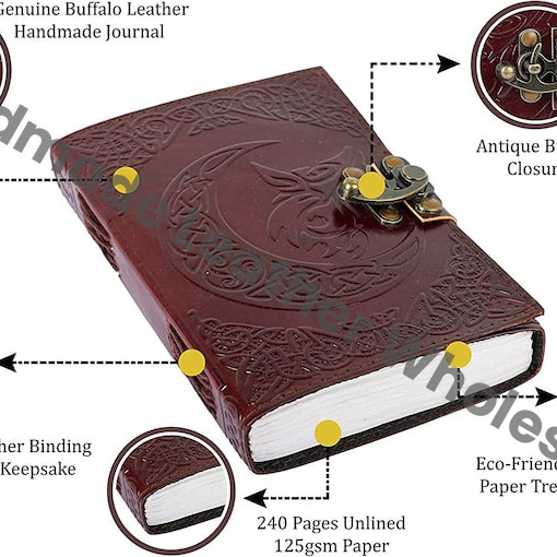 Embossed Leather Journal: Moon Wolf, Antique Lock, Handmade Leather Journal - , Antique Deckle edge Paper