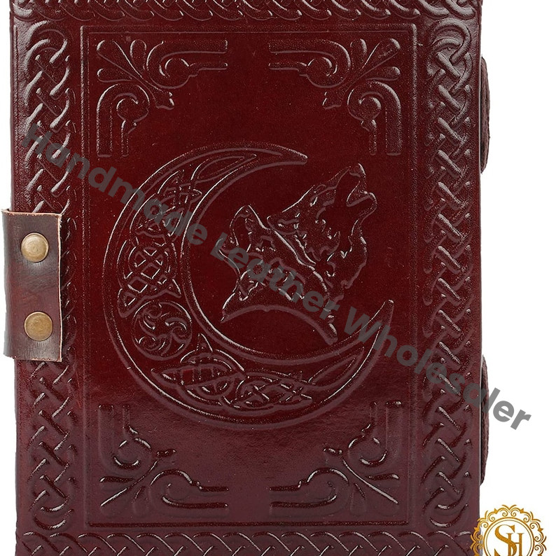 Embossed Leather Journal: Moon Wolf, Antique Lock, Handmade Leather Journal - , Antique Deckle edge Paper