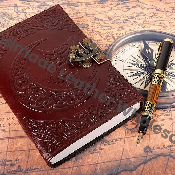 Embossed Leather Journal: Moon Wolf, Antique Lock, Handmade Leather Journal - , Antique Deckle edge Paper