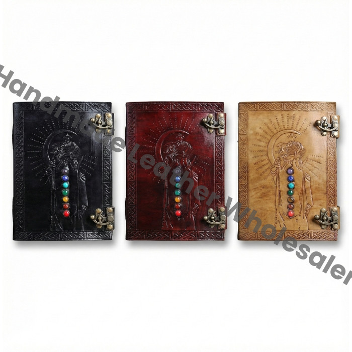 Embossed Leather Journal: Seven Stone Chakra Book of Shadows