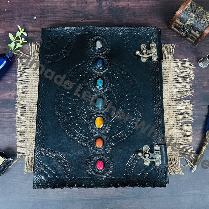Embossed Leather Journal: Seven Stone Chakra Book of Shadows