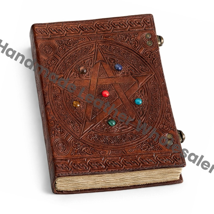Embossed Leather Journal with Lock, Pentagram Stone Book of Shadows