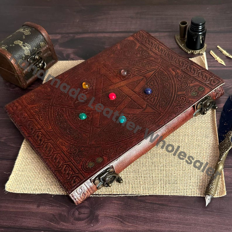 Embossed Leather Journal with Lock, Pentagram Stone Book of Shadows