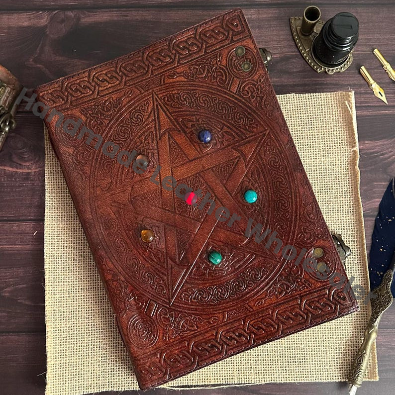 Embossed Leather Journal with Lock, Pentagram Stone Book of Shadows