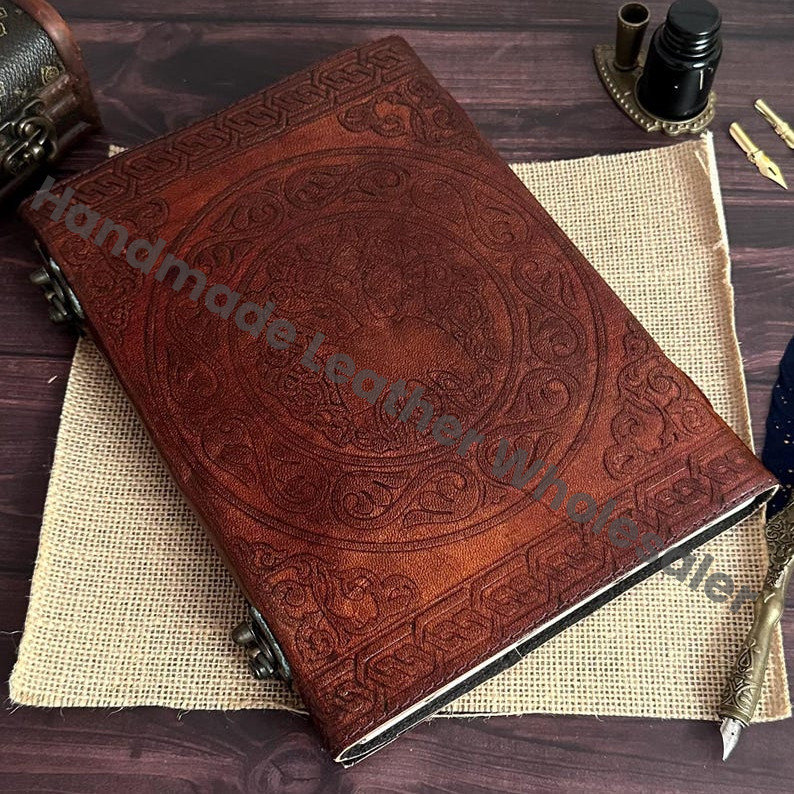 Embossed Leather Journal with Lock, Pentagram Stone Book of Shadows