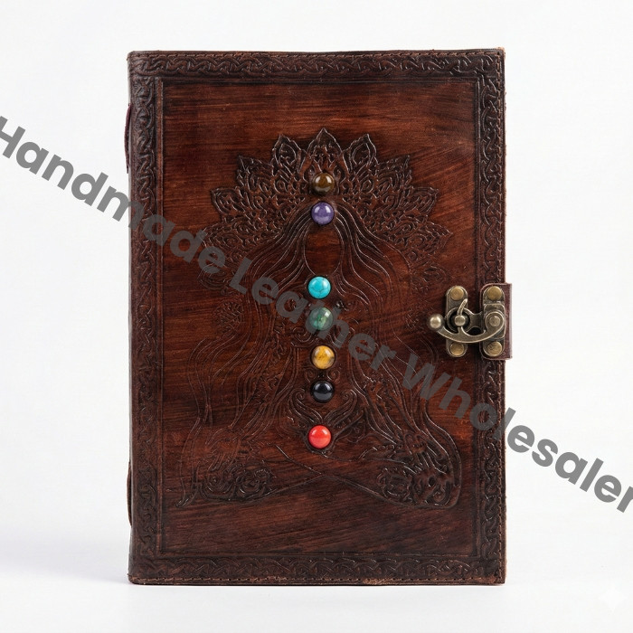 Embossed Leather Journal with Semi-Precious Stones, Handmade Writing Notebook